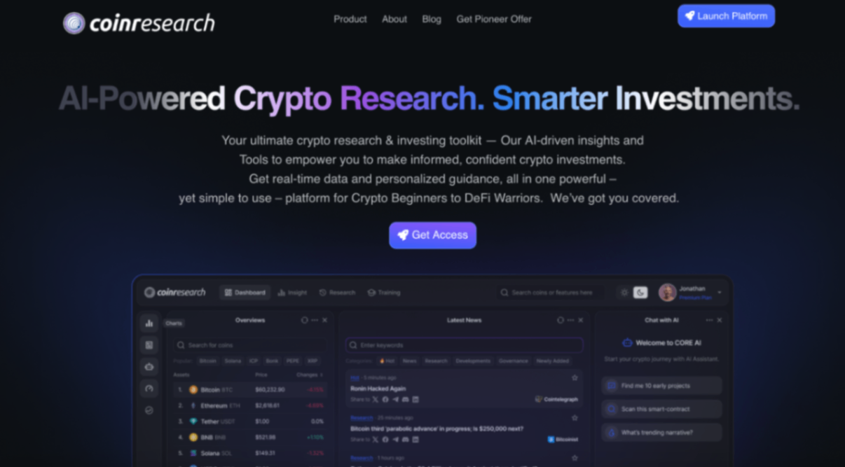 CoinResearch AI screenshot and logo
